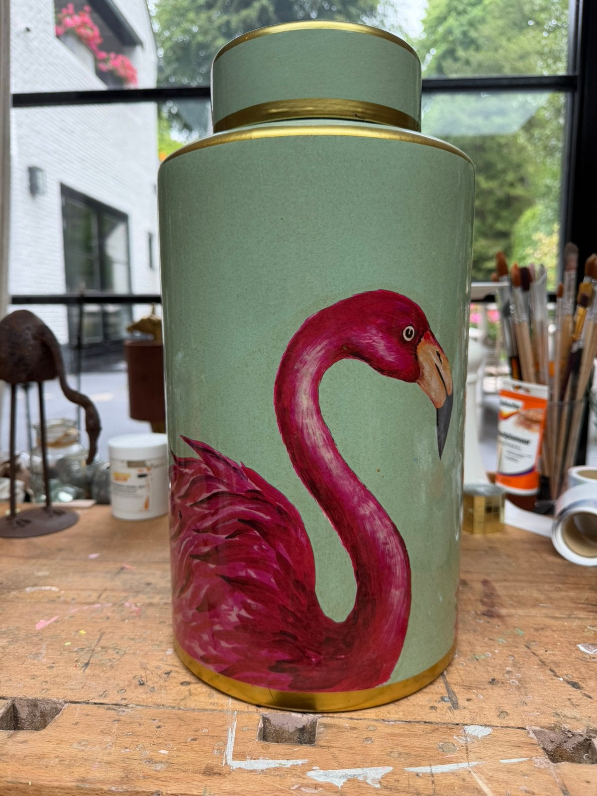 XL opbergpot Flamingo, Ophalen of Verzenden, Zo goed als nieuw, Overige kleuren, Minder dan 50 cm