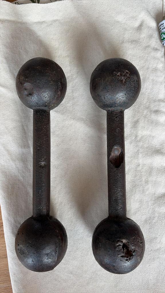 Vintage zwarte ijzeren dumbbells, Ophalen of Verzenden, Gebruikt
