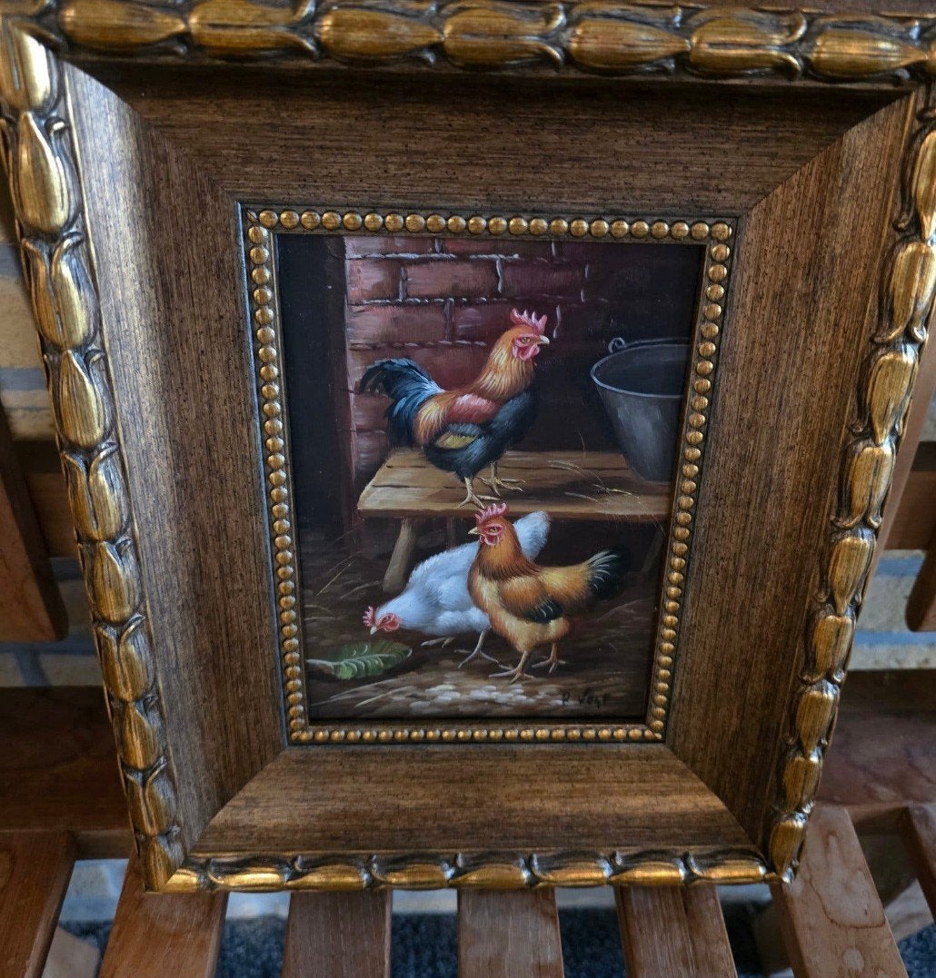 Antiek schilderijtje van P. Vugt - Kippen in de schuur, Ophalen of Verzenden