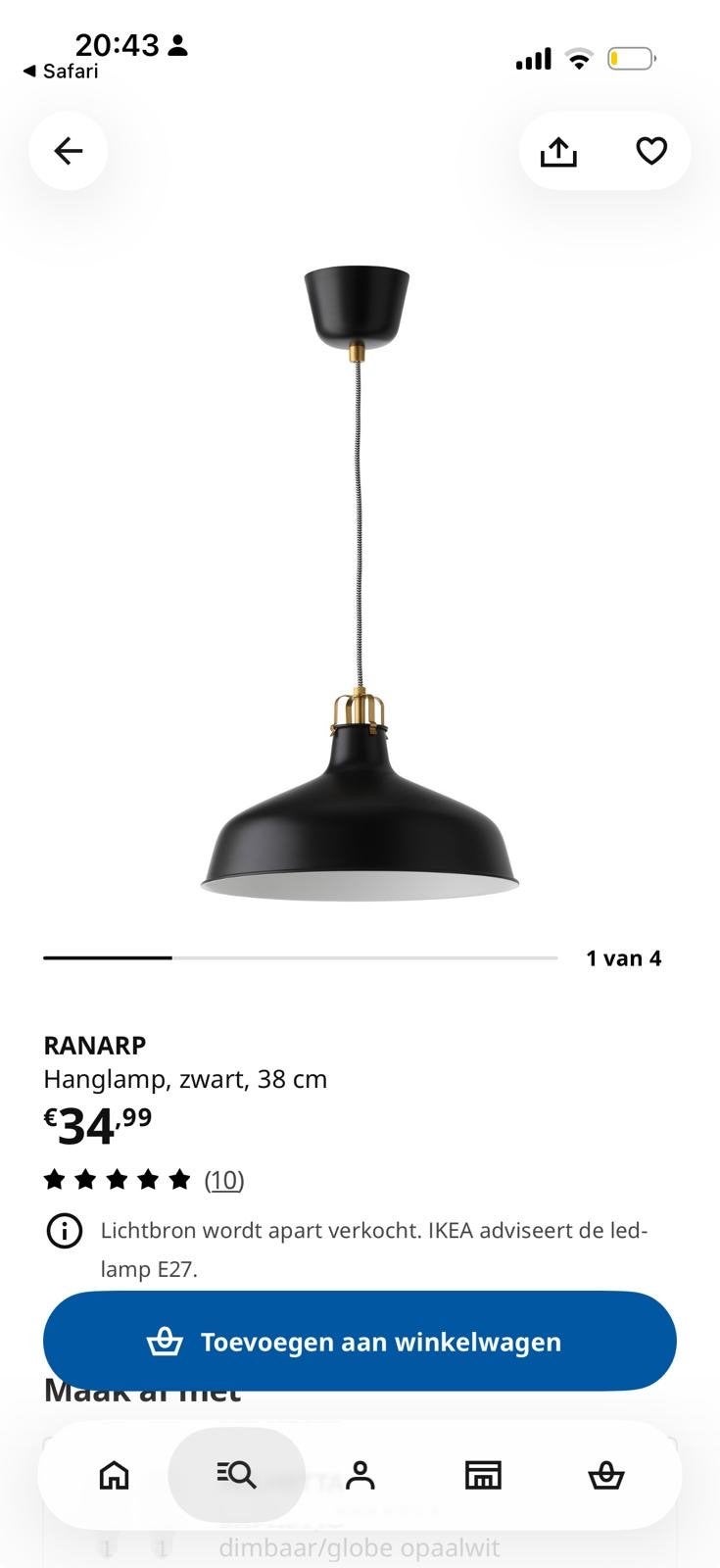 IKEA RANARP Hanglamp Zwart - 38 cm (E27) (2 stuks), Ophalen, Nieuw, Metaal, E27 (groot)