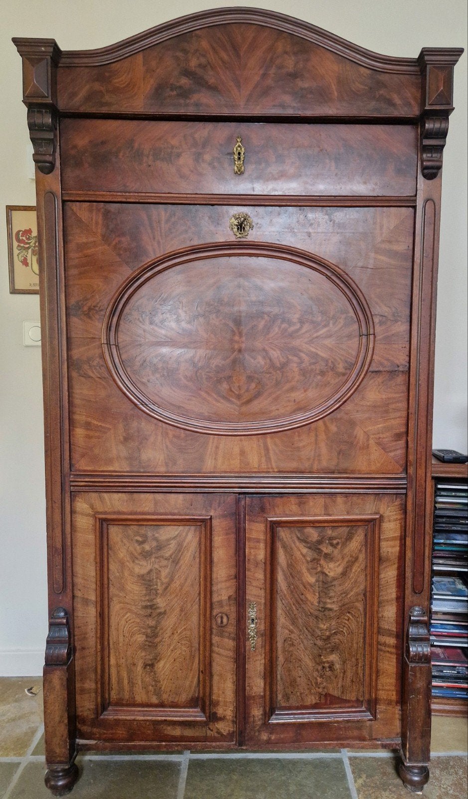 Antiek mahoniehouten secretaire met inlegwerk en werkblad, Antiek en Kunst, Ophalen