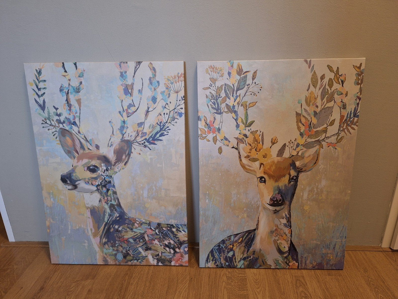 Set van 2 IKEA schilderijen: Herten met bloemen (70x50cm), Ophalen, 50 – 75, Zo goed als nieuw, Schilderij