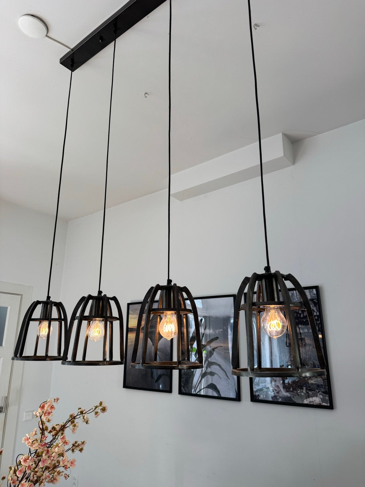 Moderne industriele hanglamp met 4 lampen - Zwart metaal, Ophalen, Zo goed als nieuw, Metaal