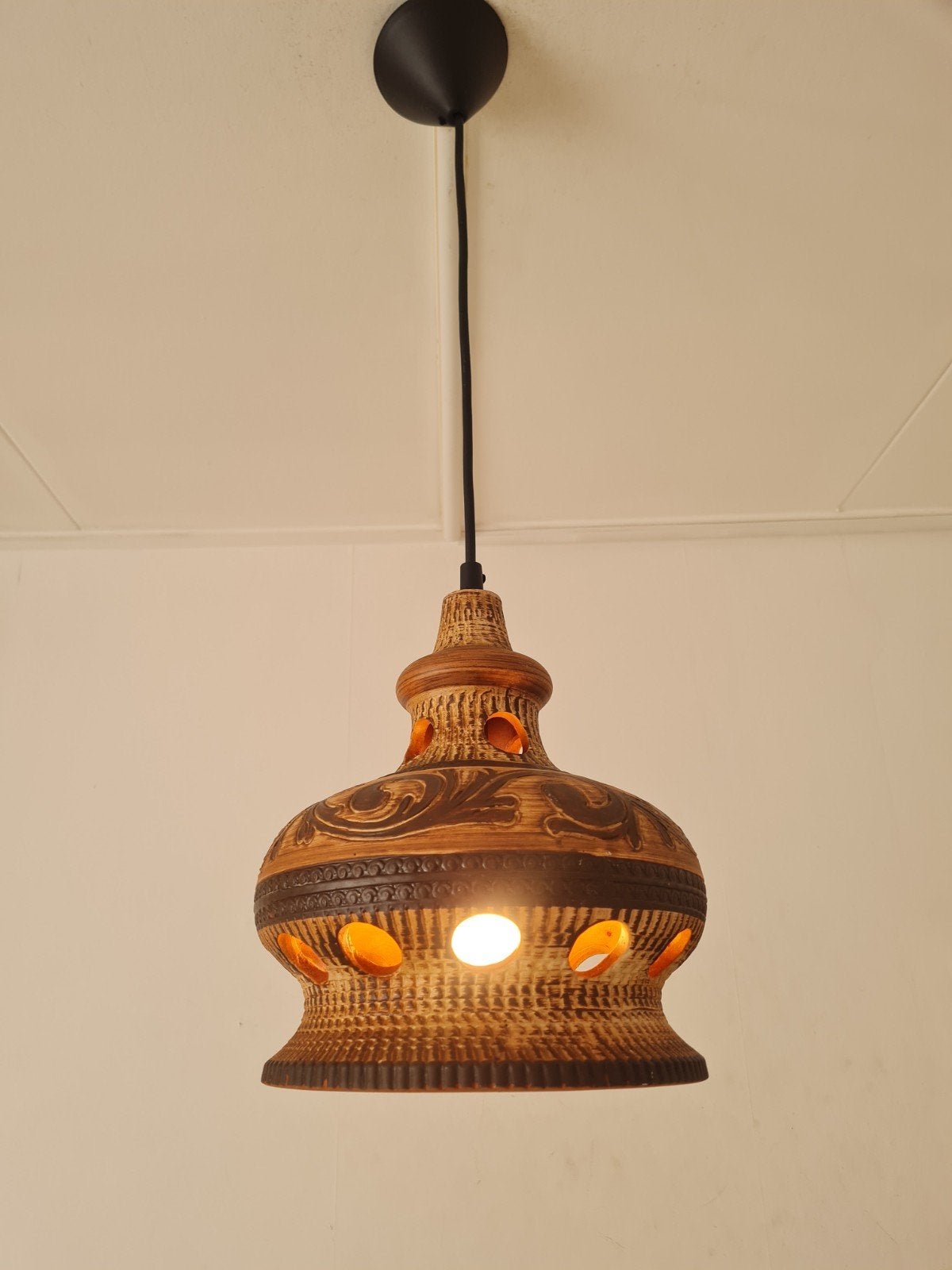 vintage aardewerken lamp, Ophalen, Keramiek, E27 (groot), Zo goed als nieuw