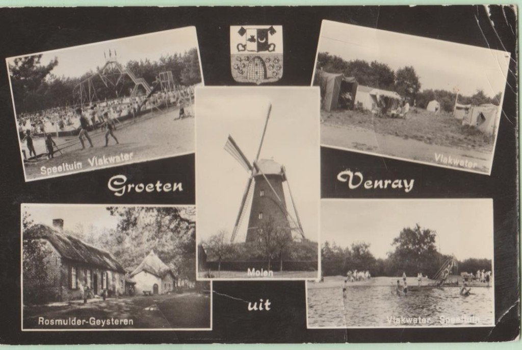 Venray Groeten uit 5-vensterkaart 1971 met molen, Verzamelen, Ansichtkaarten | Nederland, Ophalen, 1960 tot 1980, Gelopen, Limburg