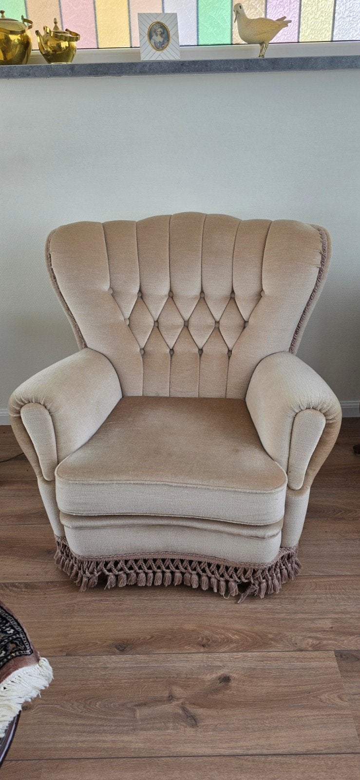 Vintage Bank en Fauteuil Set - Beige Stof, Ophalen, Gebruikt, Vintage, Klassiek, Retro, Driepersoons