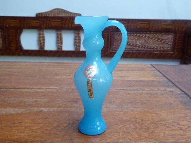 Vintage opaline vaasje – karafje in blauw, 18 cm., Ophalen of Verzenden