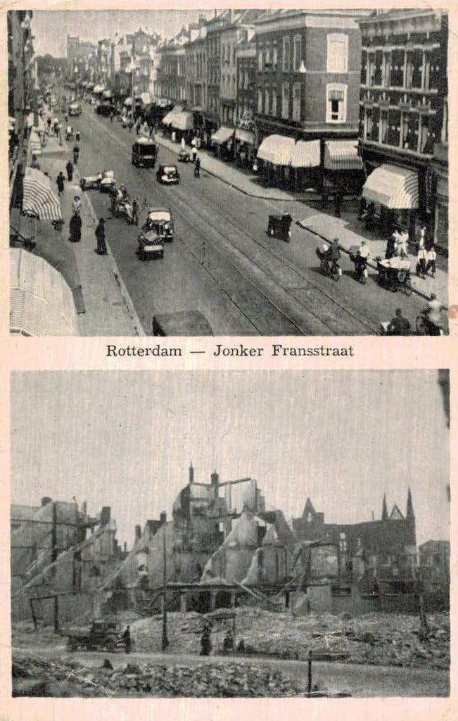 Rotterdam Jonker Fransstraat voor en na bombardement 1940, Verzamelen, Ophalen of Verzenden, Zo goed als nieuw, 1940 tot 1960