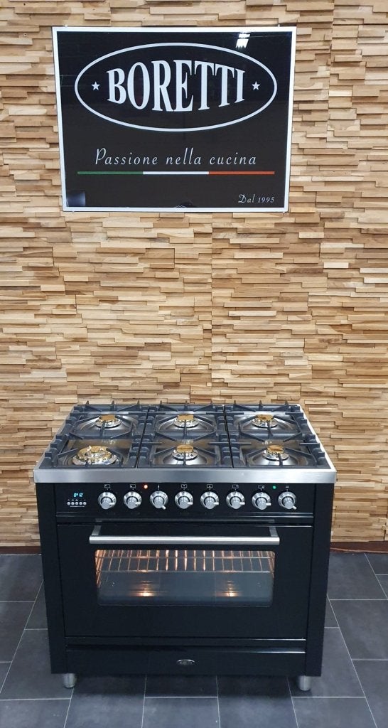 Boretti Fornuis 90cm hoogglans zwart rvs 6 pit 1 oven, Witgoed en Apparatuur, Niet ingevuld, 60 cm of meer, Niet ingevuld, Ophalen of Verzenden