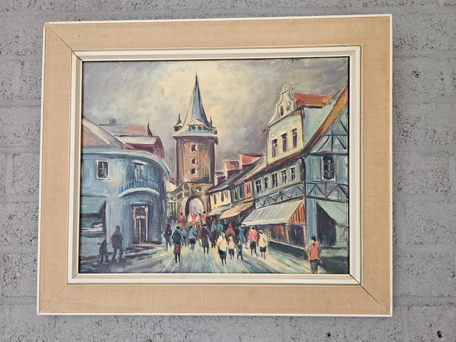 Schilderij Stadsgezicht met Toren - Olieverf op Doek, Antiek en Kunst, Doek, Realistisch, Ophalen of Verzenden, Olieverf