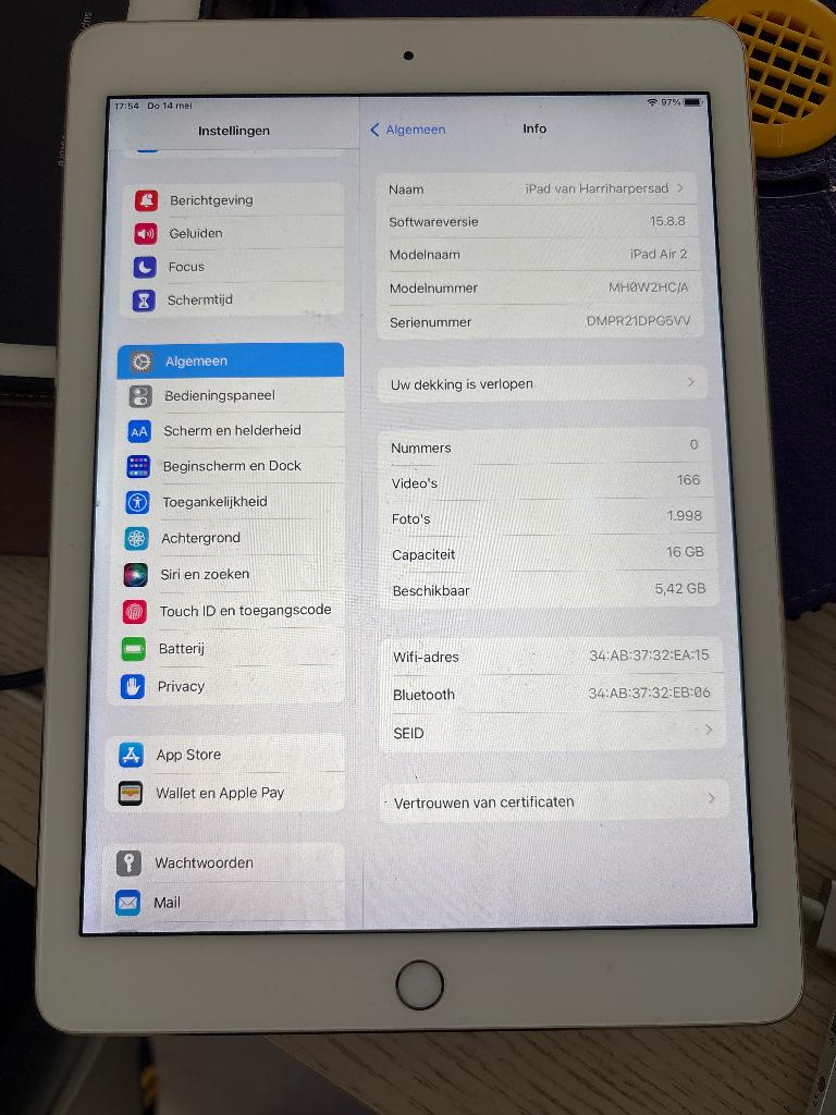 Apple iPad Air 2 2014 16gb, Computers en Software, Apple iPads, 10 inch, Wit, Apple iPad Air, Ophalen of Verzenden