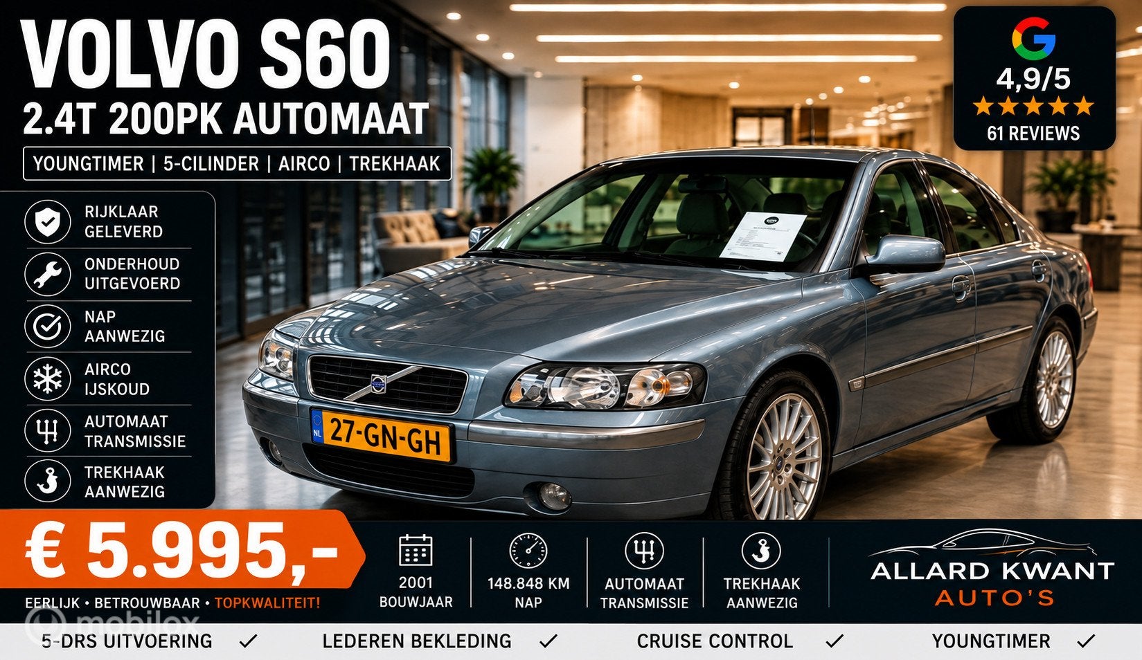Volvo S60 2.4T 200pk/Automaat/148dkm NAP/NweDistributieriem, Auto's, Gebruikt, Startonderbreker, S60, Bedrijf