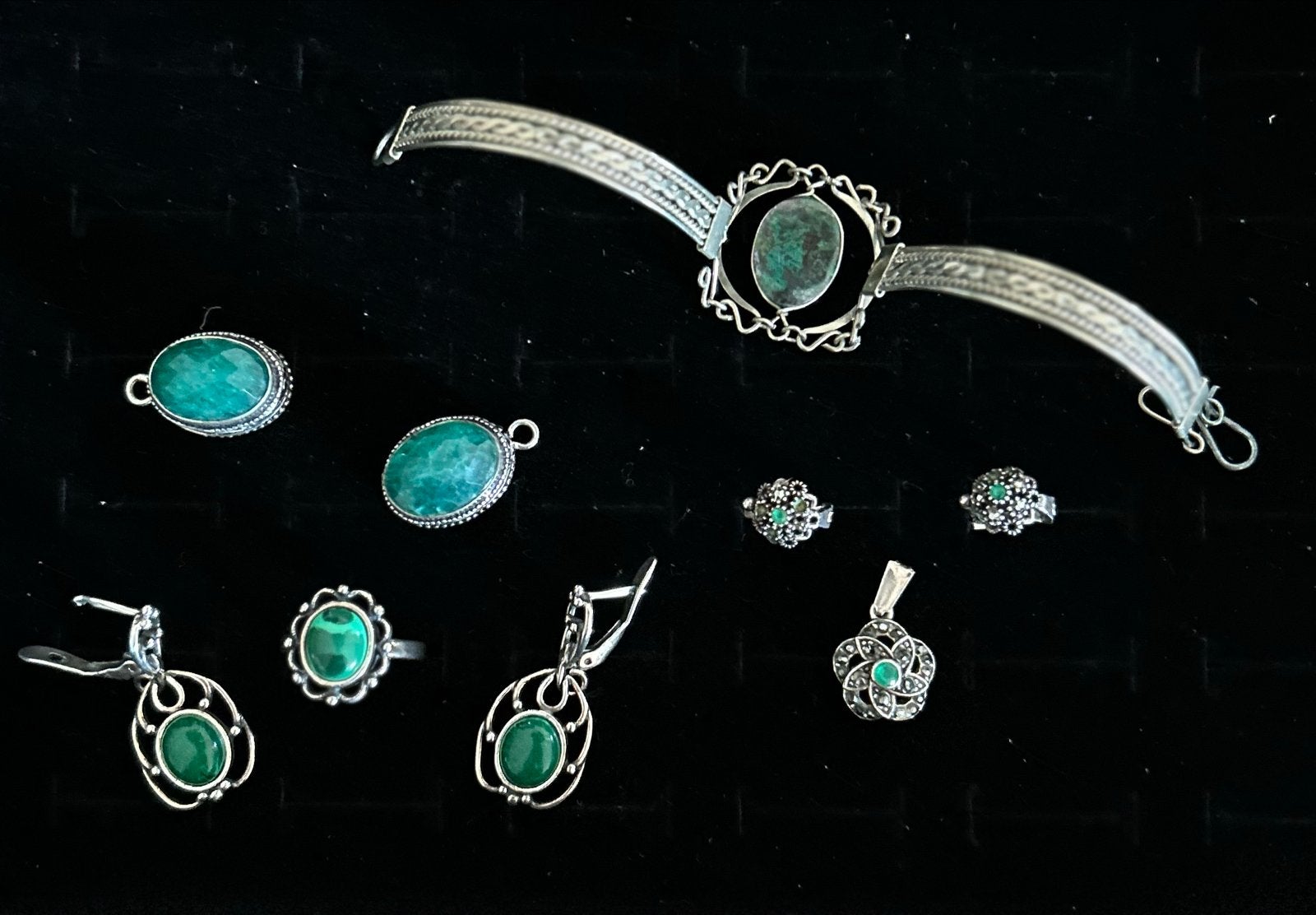 Sieraden set met malachiet stenen zilver, Gebruikt, Ophalen of Verzenden, Met edelsteen, Groen