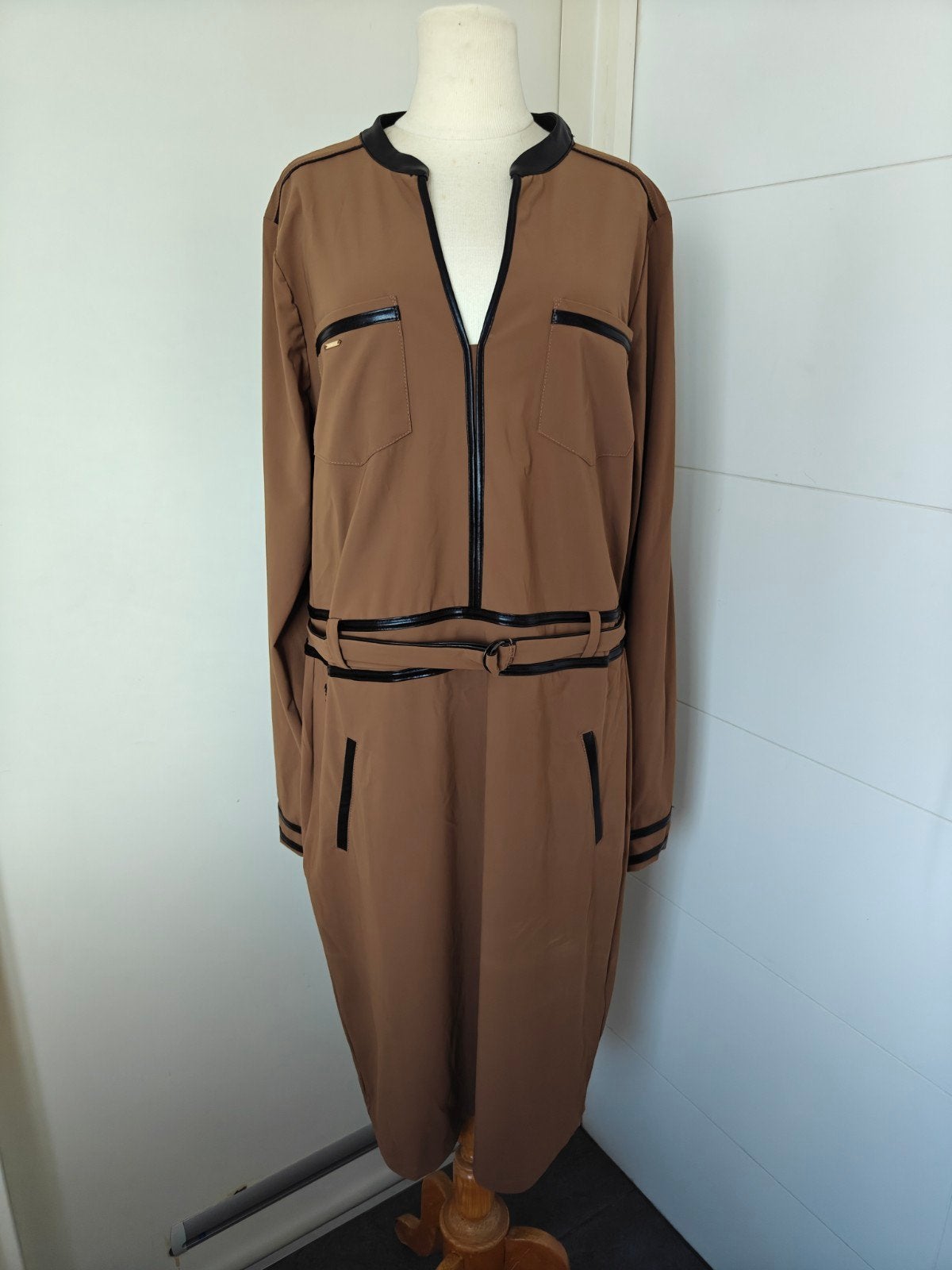 ZIP73 Jurk met leren details - Maat XXL, ZIP73, Bruin, Maat 46/48 (XL) of groter, Nieuw