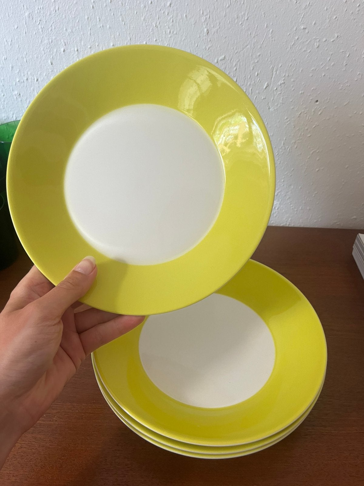 Vintage Hema Premier keramiek limegroen/geel borden (5), Huis en Inrichting, Keuken | Servies, Ophalen, Keramiek, Zo goed als nieuw