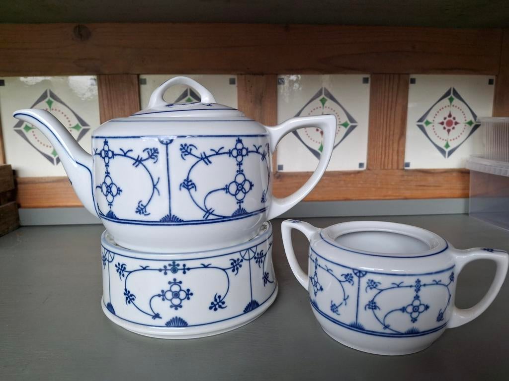 Blauw Saks Theepot met Warmer en Suikerpotje, Ophalen of Verzenden