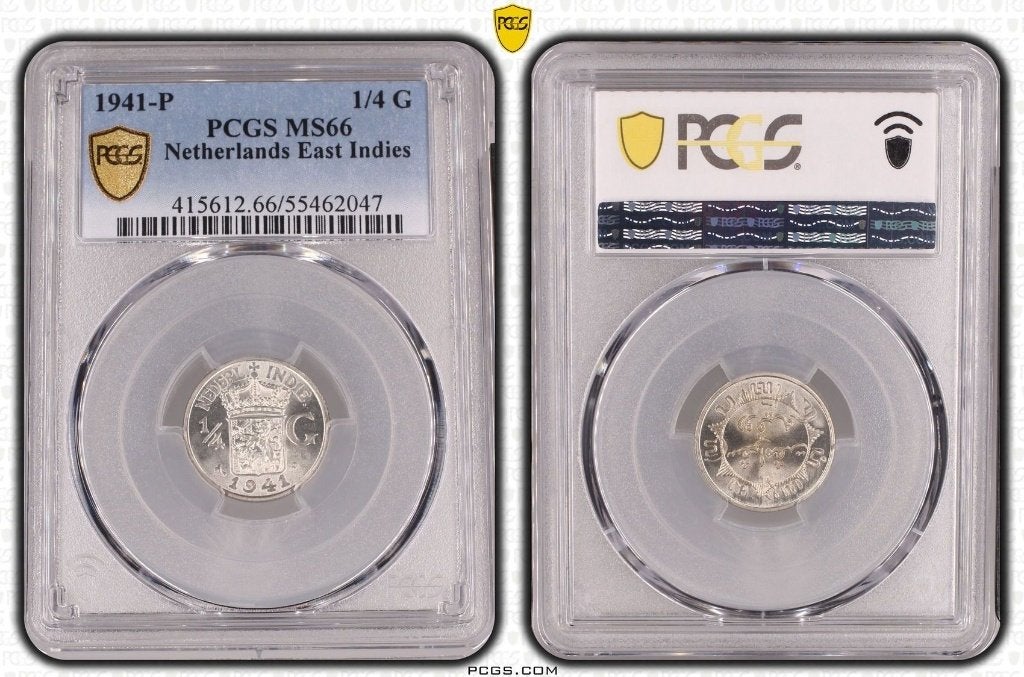 Nederlands-Indië - 1/4 Gulden 1941 PP in PCGS slab MS66, Zilver, 25 cent, Ophalen of Verzenden, Koningin Wilhelmina