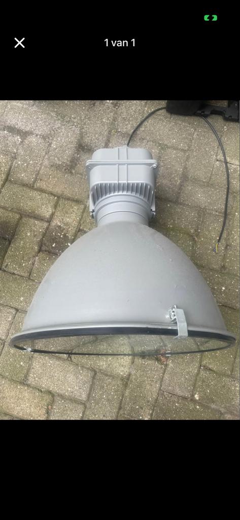 Grote grijze industriële hanglamp, Ophalen of Verzenden, Gebruikt, Metaal, 50 tot 75 cm