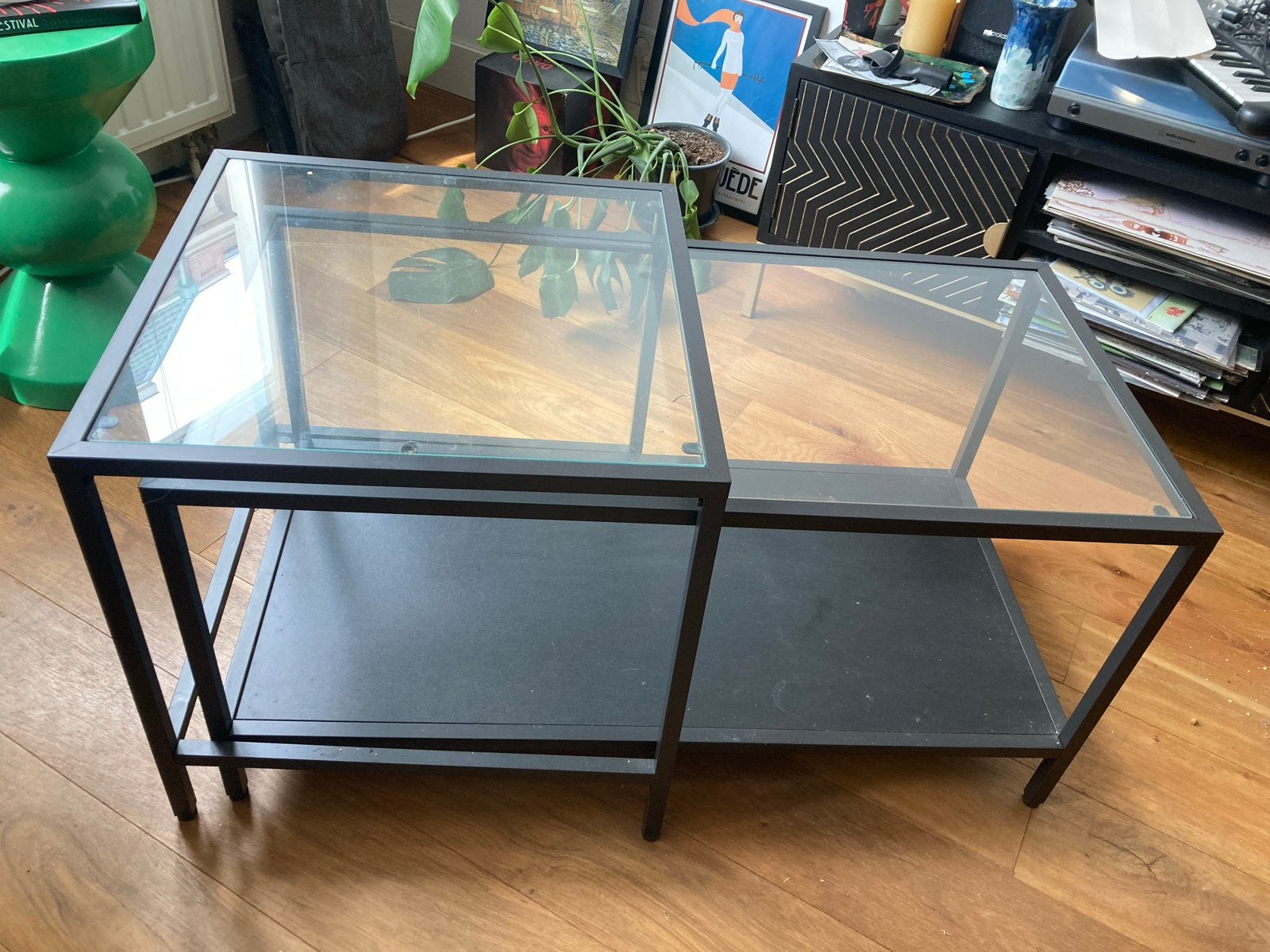 Set van 2 zwarte salontafels met glazen blad, Ophalen, Gebruikt, 50 tot 100 cm, Glas