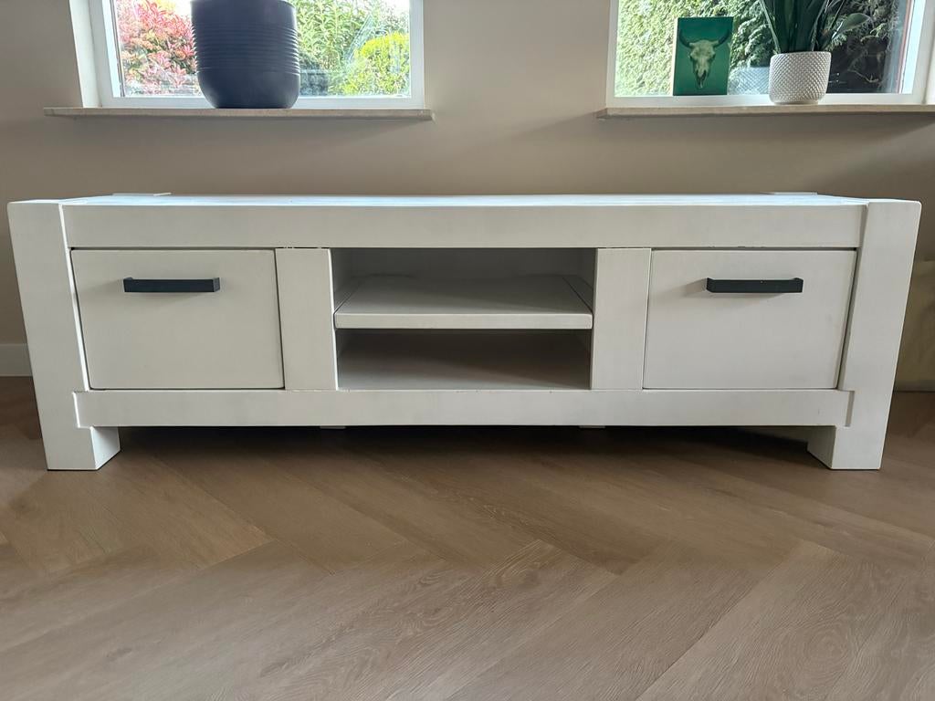 Wit eiken tv meubel met lades en open vakken, Huis en Inrichting, Kasten | Televisiemeubels, Ophalen, Gebruikt, 150 tot 200 cm