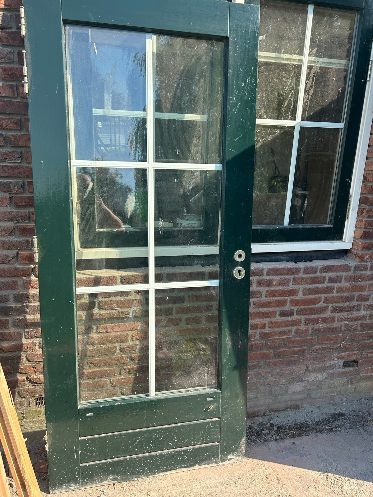 Robuuste groene hardhouten buitendeur met dubbel glas, Doe-het-zelf en Verbouw, Deuren en Horren, Ophalen, Gebruikt, 80 tot 100 cm