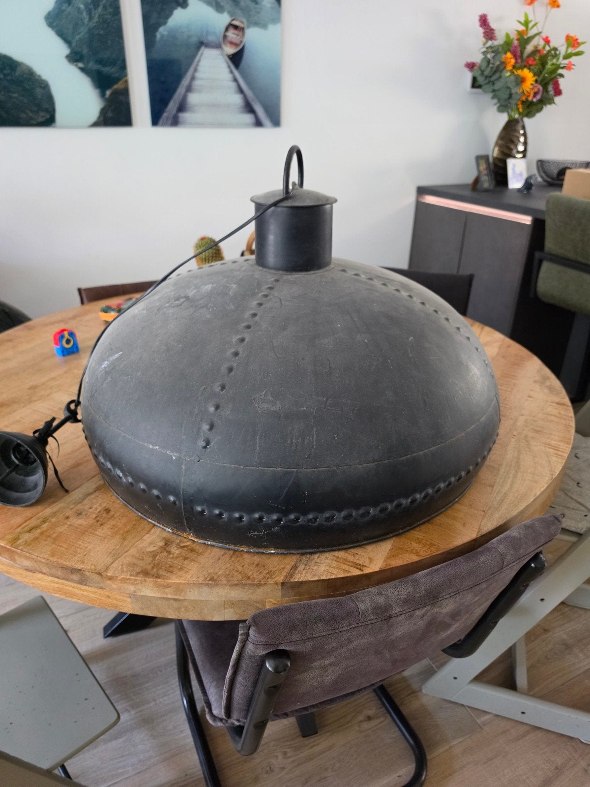 Grote industriële hanglamp - Zwart metaal, Huis en Inrichting, Gebruikt, Metaal, Industrieel, E27 (groot)