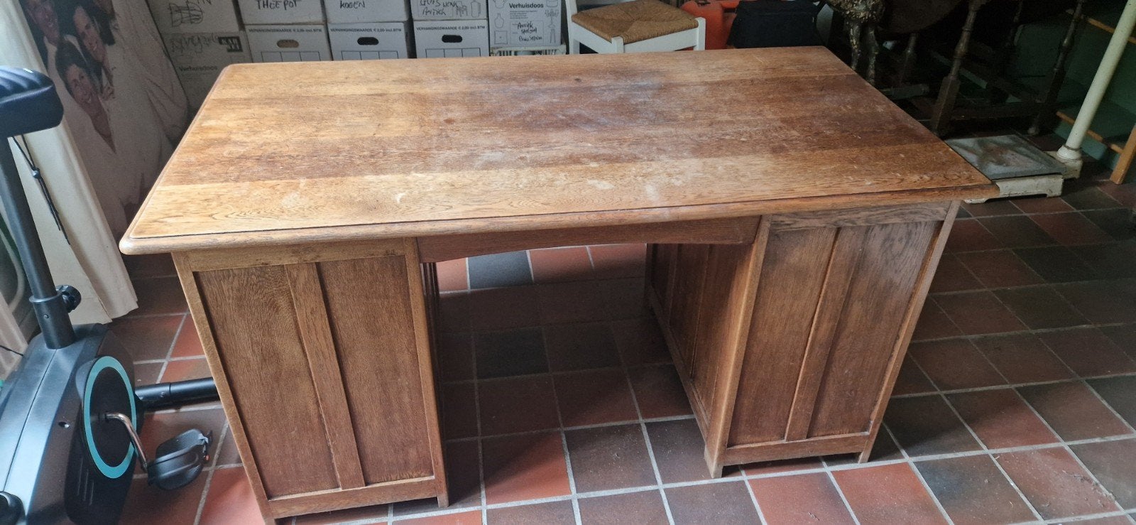Vintage eikenhouten bureau met lades, Huis en Inrichting, Bureaus, Ophalen, Gebruikt, Hout, Overige merken