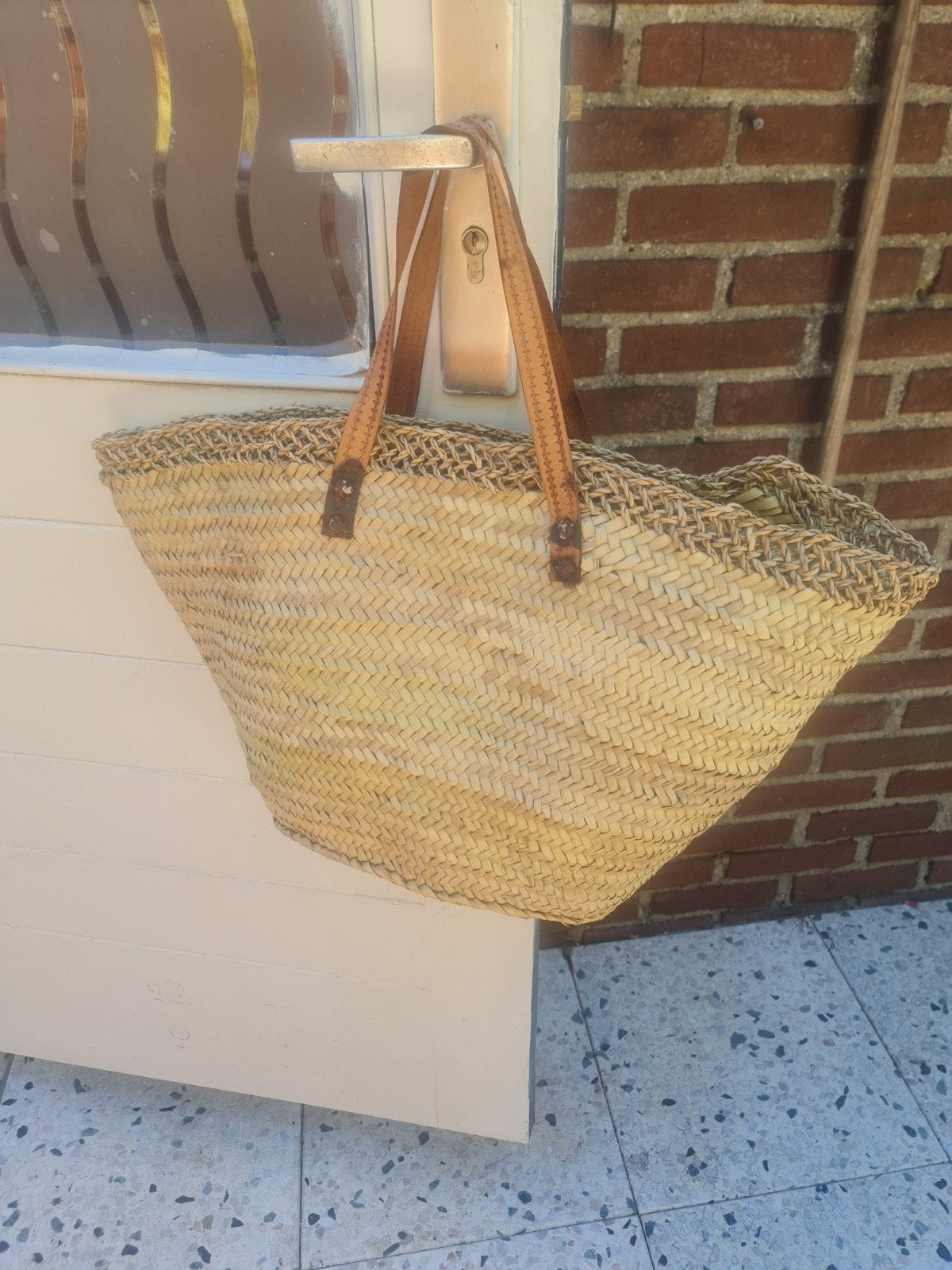 Stro shopper tas met leren hengsels, Ophalen of Verzenden, Gebruikt, Beige, Shopper