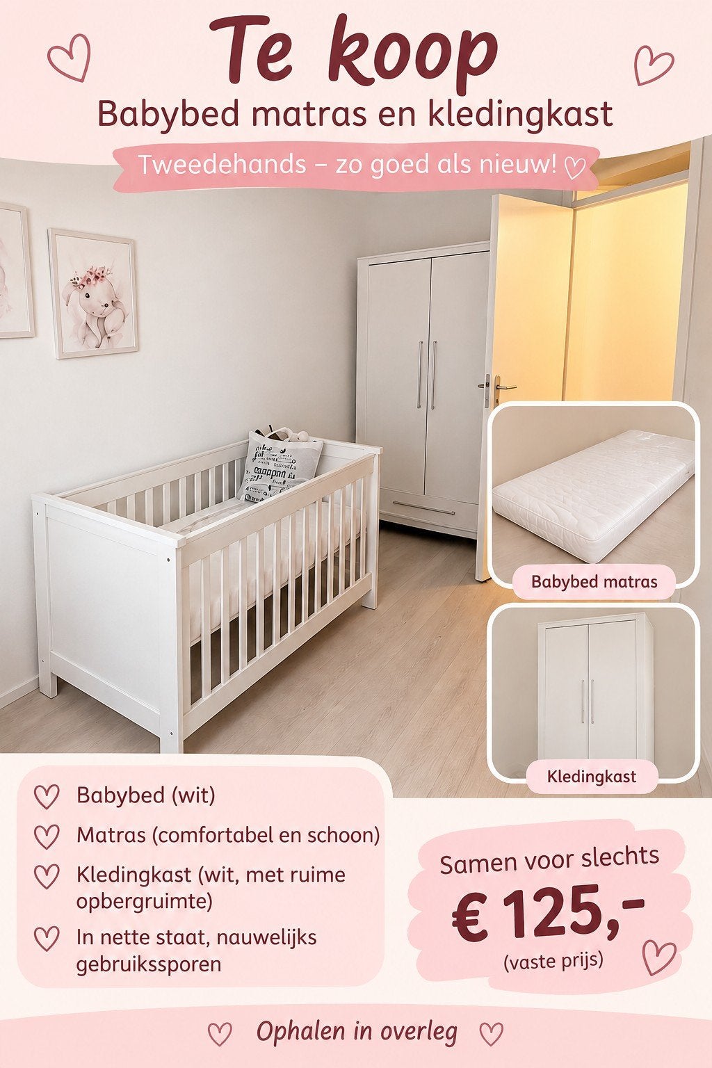 Babybed, matras en kledingkast - zo goed als nieuw, Ophalen of Verzenden, Zo goed als nieuw, Matras