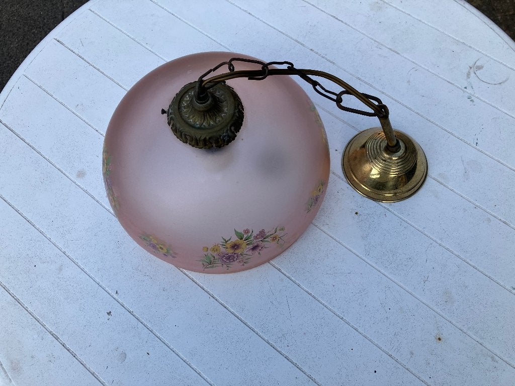 antiek hanglamp bloemen motief roze glas opaline, Ophalen of Verzenden