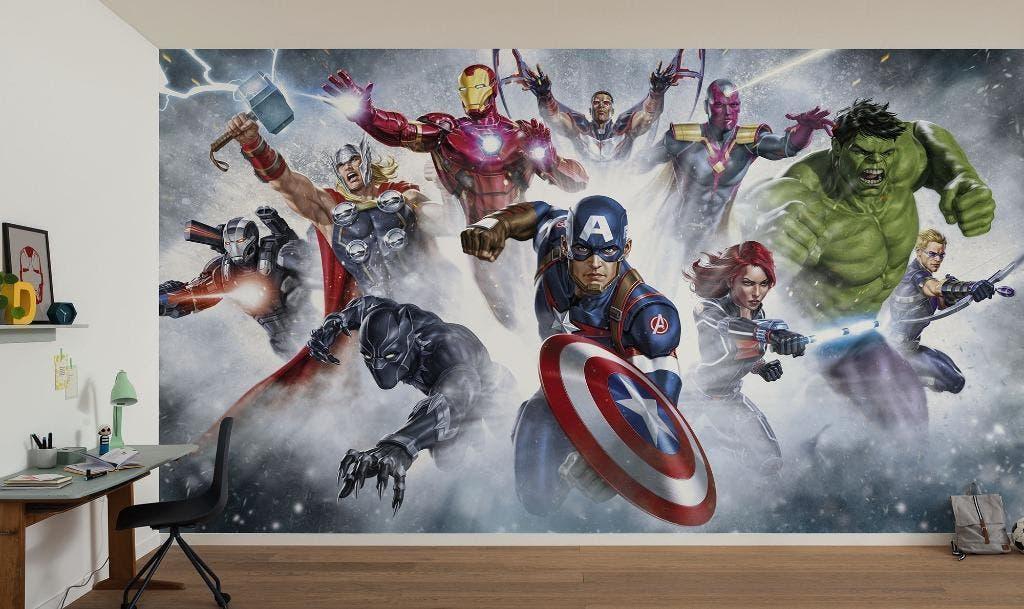 The Avengers Vlies Behang Strike 450x250 - Gratis Verzending, Huis en Inrichting, Stoffering | Behang, Ophalen of Verzenden, 10 tot 25 m²