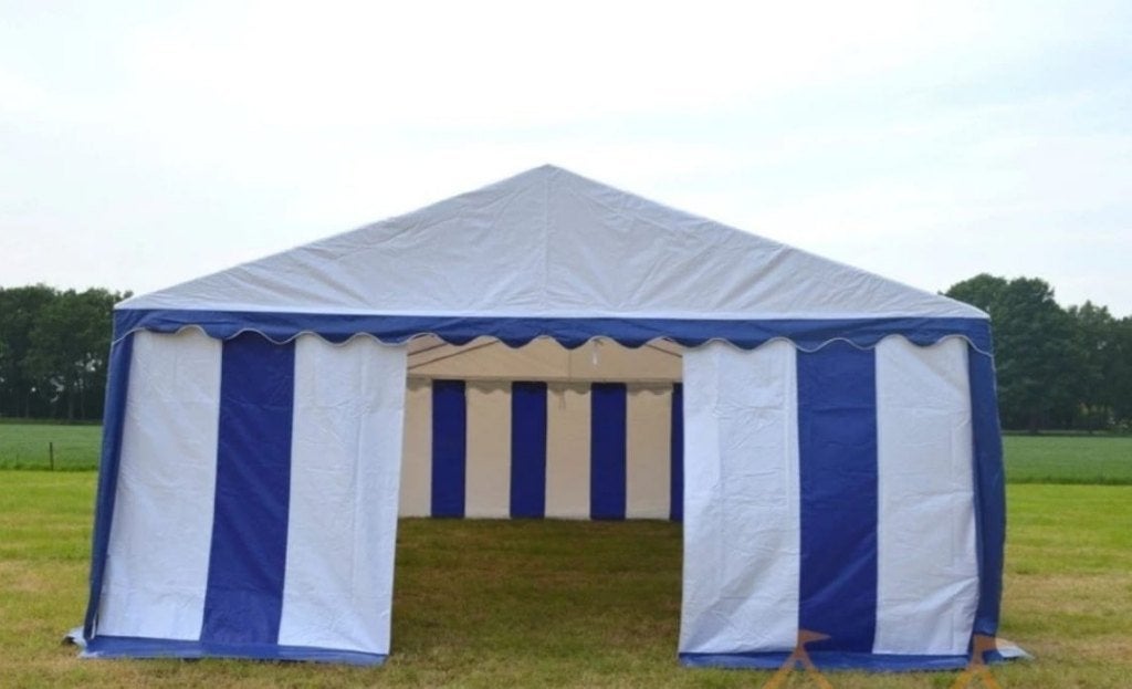 6x6m PVC partytent Blauw/Wit, Ophalen, Gebruikt