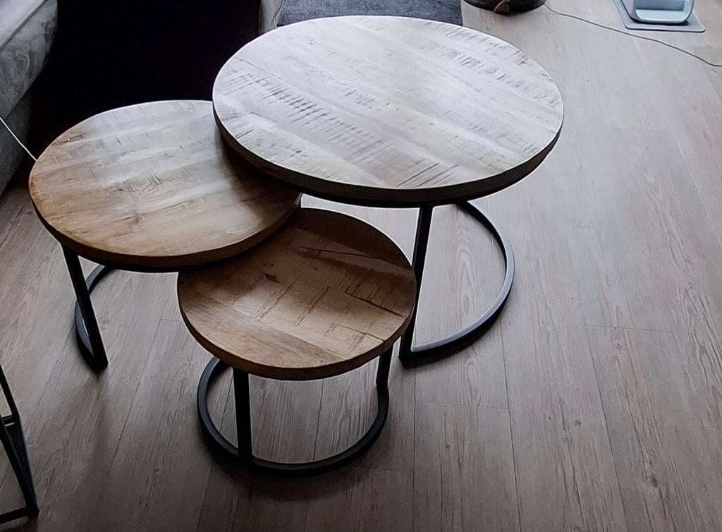 Set van drie salontafels Mango hout, Ophalen, 50 tot 100 cm, Rond, 50 tot 100 cm