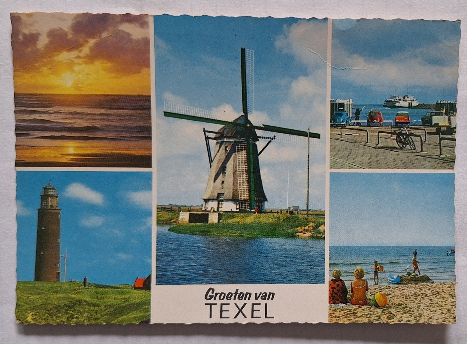 Oude Ansichtkaart: Groeten van Texel - Molen, Strand, Zee, Verzamelen, Ophalen of Verzenden, 1960 tot 1980, Gelopen, Waddeneilanden