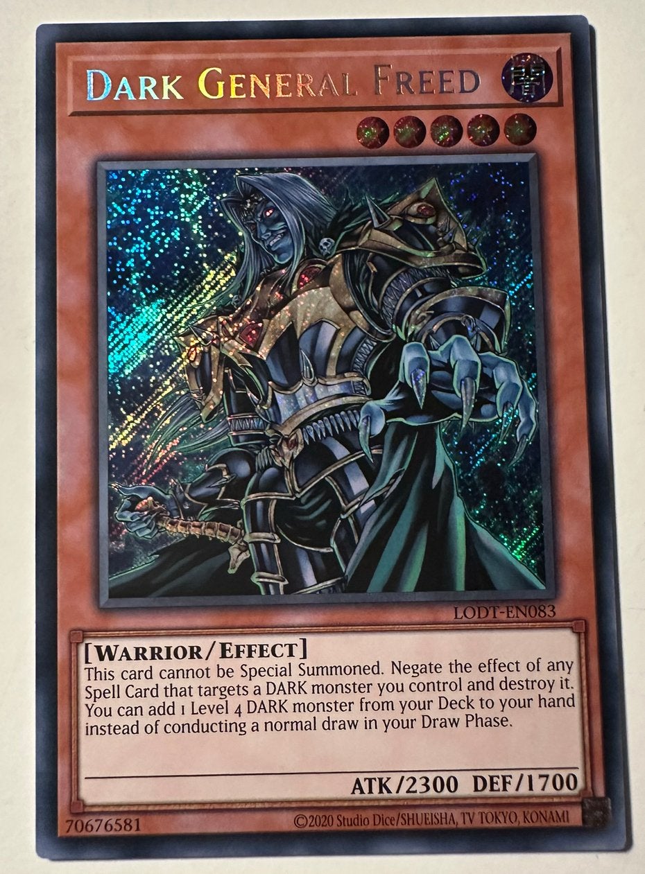 Yu-Gi-Oh! Dark General Freed LODT Print !, Ophalen of Verzenden, Zo goed als nieuw, Losse kaart, Foil