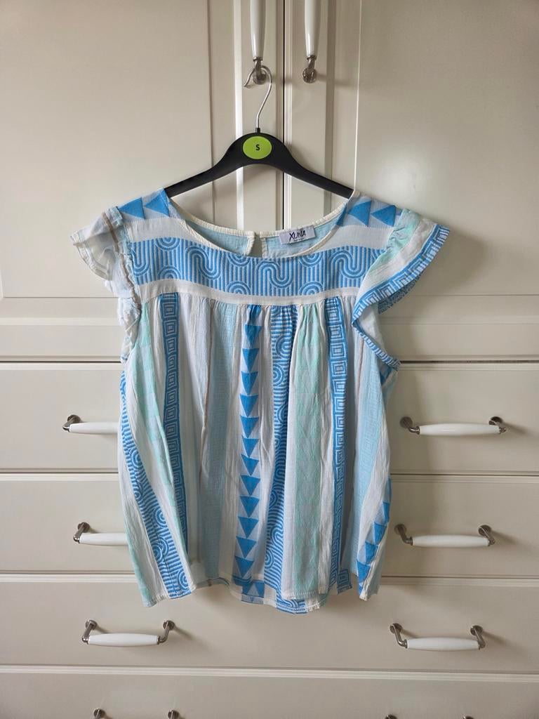 Leuk,blauw/wit linnenlook blousje van Xuna, mt S/M, Maat 38/40 (M), Blauw, Ophalen of Verzenden, Zo goed als nieuw
