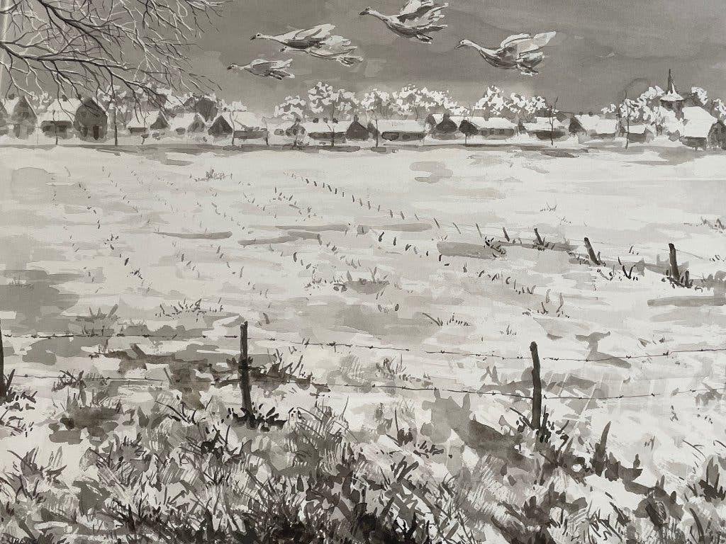 Schilderij winter tafereel van Hall ( gld), Antiek en Kunst, Ophalen, Gesigneerd, Landschap, Papier