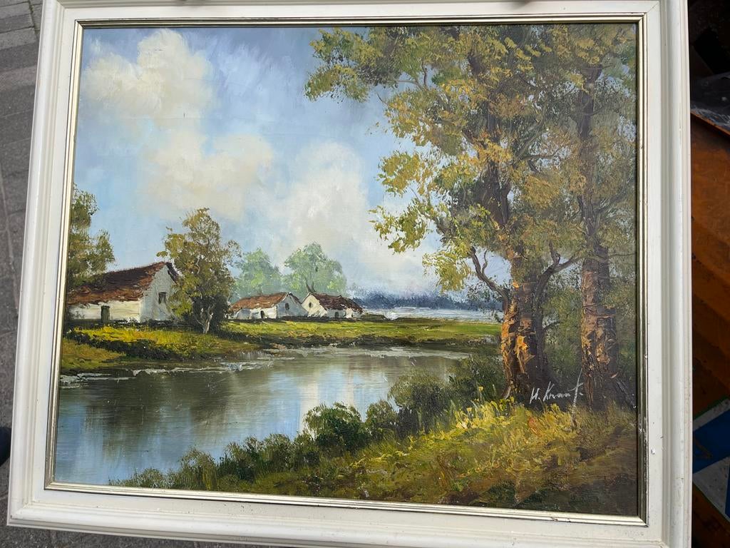 Schilderij H. Knauf - Landschap met rivier en boerderijen, Antiek en Kunst, Kunst | Schilderijen | Klassiek, Ophalen of Verzenden