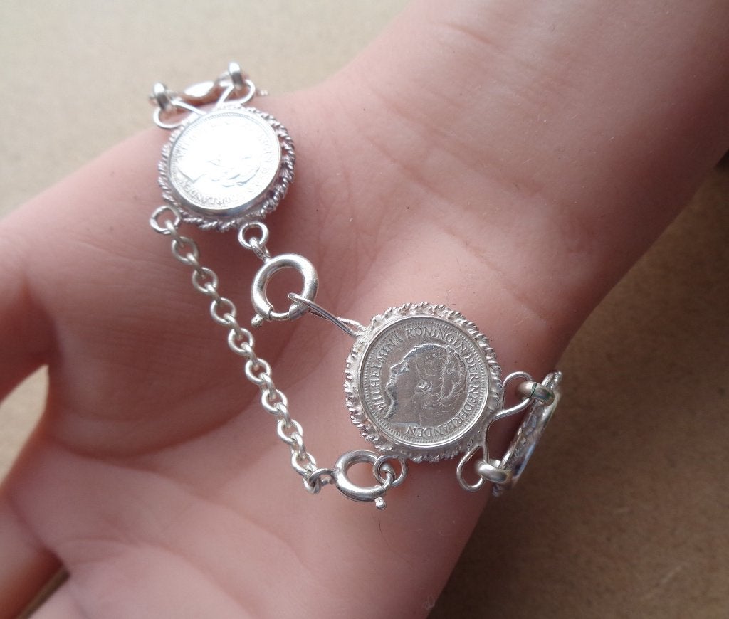 prachtig zilveren Wilhelmina dubbeltjes armband [1039], Verzenden, Zilver, Armband