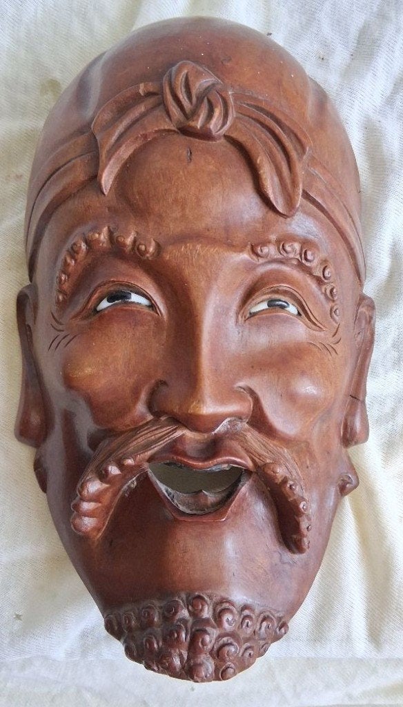 Japans houten masker Confucius, Handgemaakt, 20 - 50 cm, Hout, Bruin