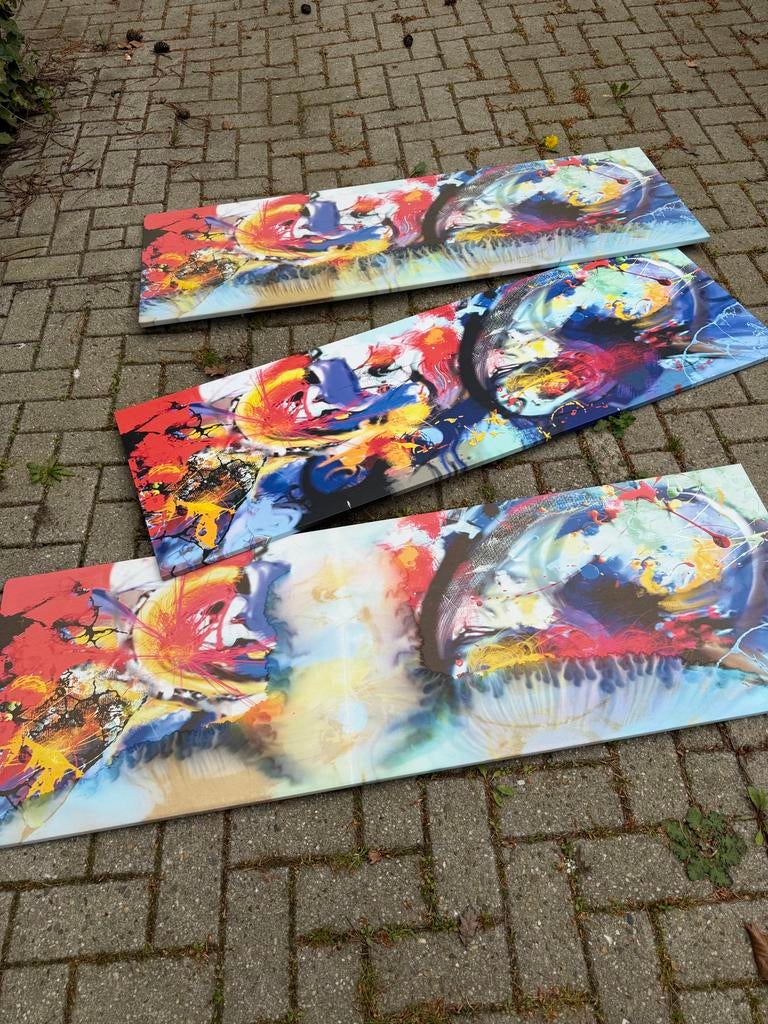 Set van 3 kleurrijke abstracte canvasdoeken, Ophalen of Verzenden