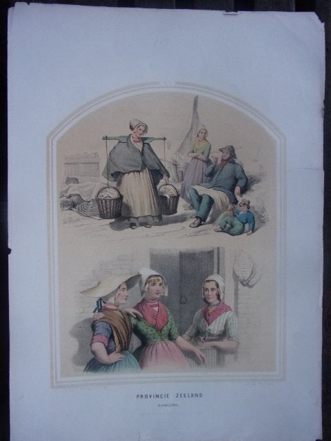 Klederdrachtprent Bing & Braet XX Zeeland Arnemuiden 1857, Antiek en Kunst, Mode, Ophalen of Verzenden, Blanco verso, 32 cm