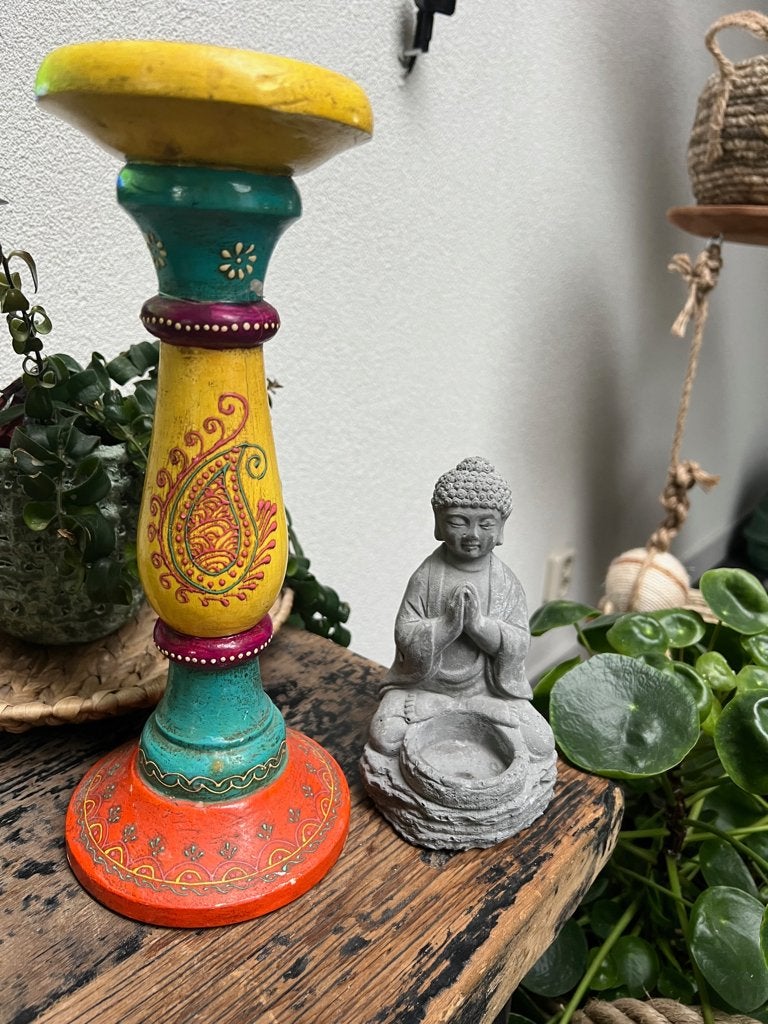 India Houtsnijwerk handbeschilderd Indiase kandelaar, Huis en Inrichting, Woonaccessoires | Kandelaars en Kaarsen, Verburgt Vintage