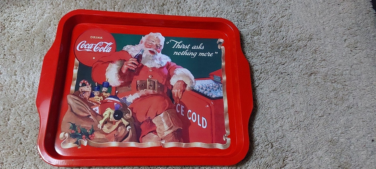 Vintage Coca-Cola dienblad met kerstafbeeldingen, Ophalen, Gebruikt, Gebruiksvoorwerp