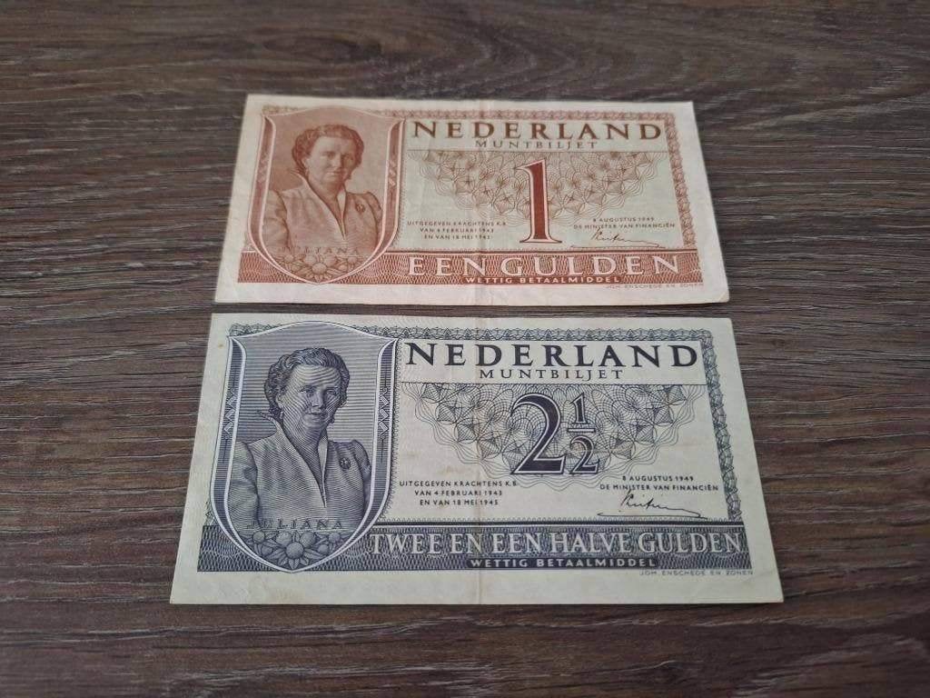 Setje muntbiljetten 1 en 2,5 gulden Juliana, 1949, Postzegels en Munten, Bankbiljetten | Nederland, Ophalen of Verzenden