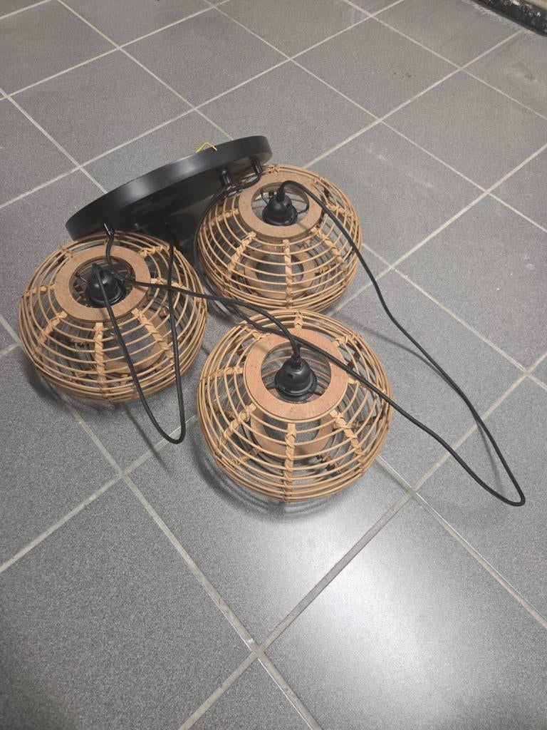 Vide lamp met 3 houten kappen en plafondplaat, Huis en Inrichting, Gebruikt, Ophalen of Verzenden, Bohemian, Scandinavisch, Modern