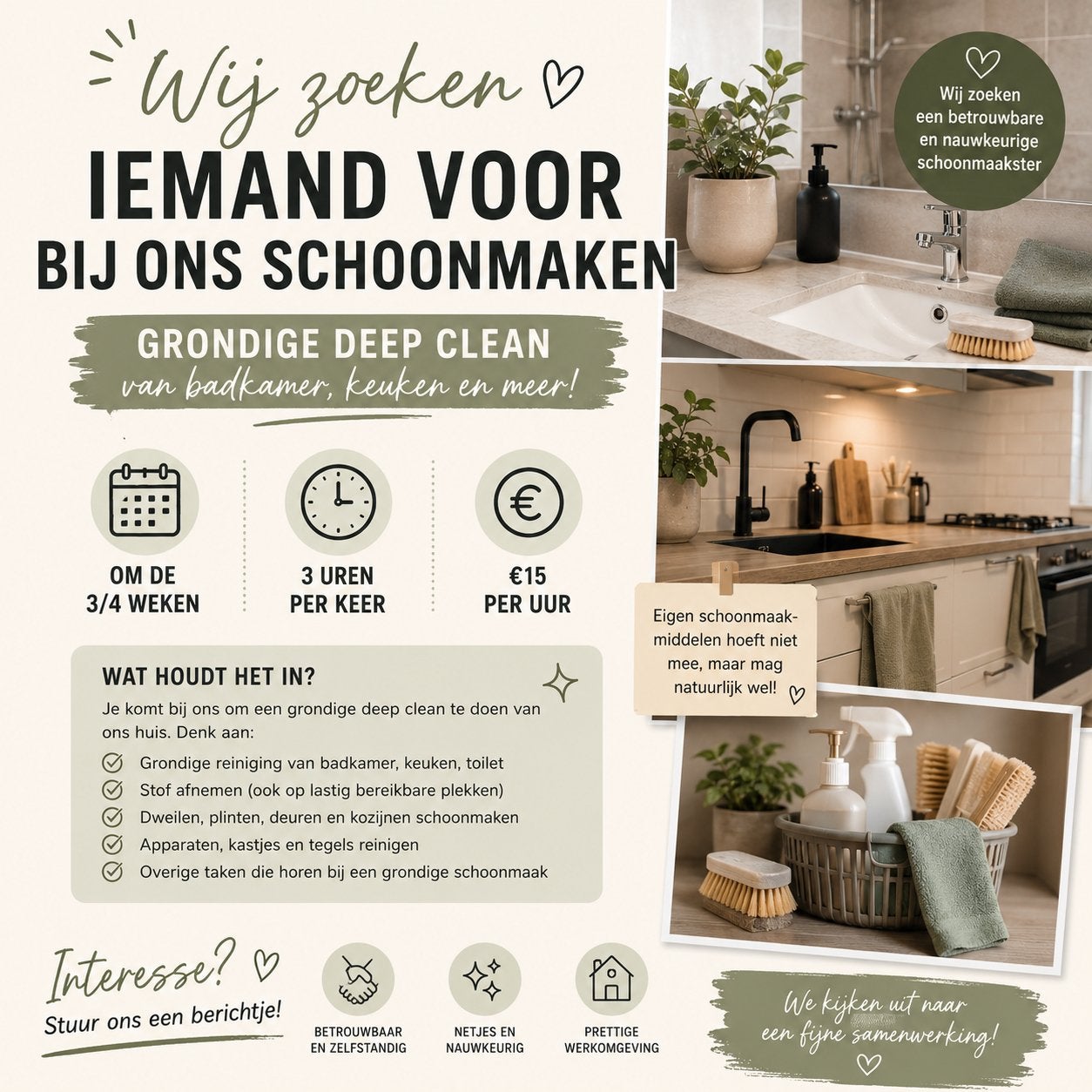 Schoonmaakster gezocht!, Variabele uren, Overige niveaus, Starter, Overige vormen