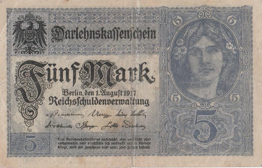 5 Mark Darlehnskassenschein-bankbiljet uit 1917, Postzegels en Munten, Bankbiljetten | Europa | Niet-Eurobiljetten, Ophalen of Verzenden