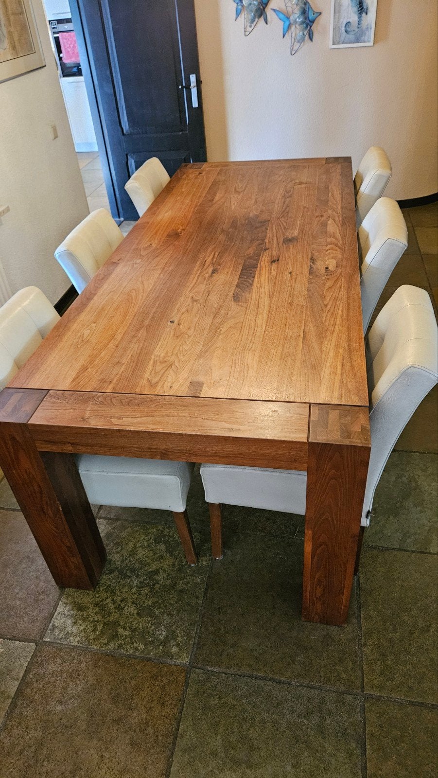 Henders & Hazel eettafel 2.40m met 6 wit lederen stoelen, Ophalen, Gebruikt, 200 cm of meer, Vijf personen of meer