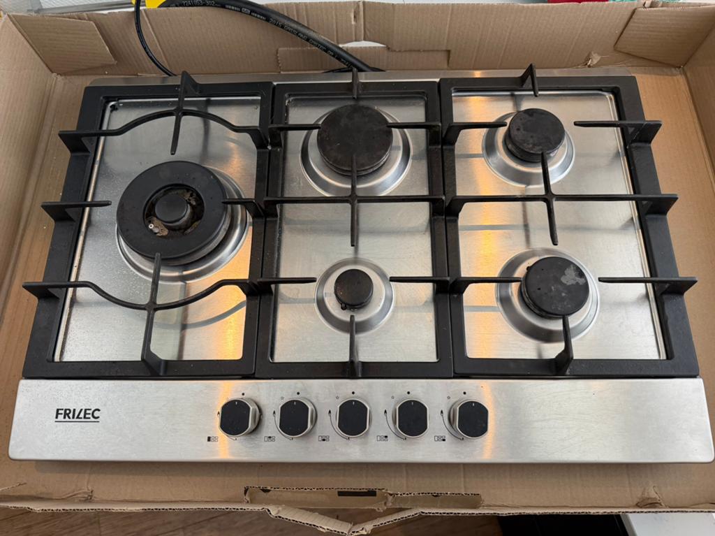 5-pits Frilec gaskookplaat (RVS) met wokbrander, 75 cm breed, Ophalen, Gebruikt, Inbouw, Gas